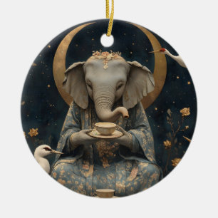Mystical Elephant Tea Party Under Crescent Moon Ceramic Ornament