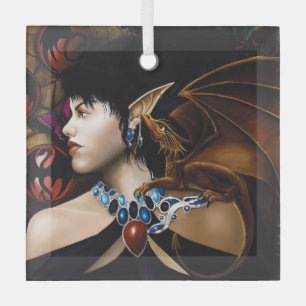 Mystical Elf Dragon Companion Butterfly Fantasy Glass Ornament