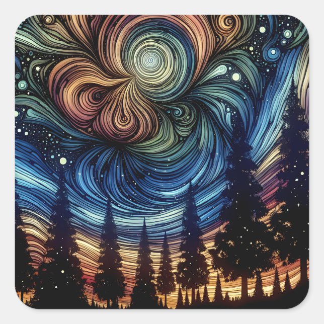 Mystical Ethereal Art with Trees and Night Sky  Square Sticker (Front)