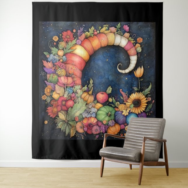 Mystical Fall Crescent Moon Cornucopia Tapestry (In Situ)
