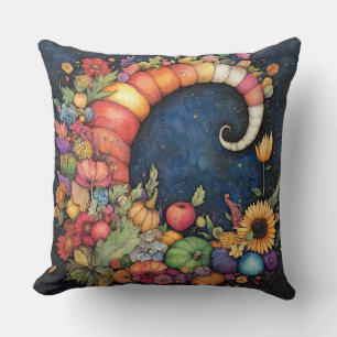 Mystical Fall Crescent Moon Cornucopia Throw Pillow