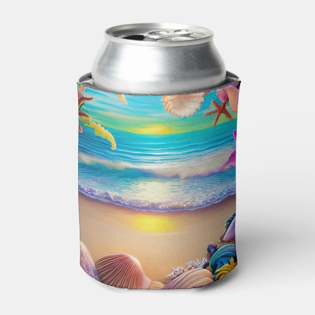 Mystical fantasy beach sunset with tropical flower can cooler (Can Front)