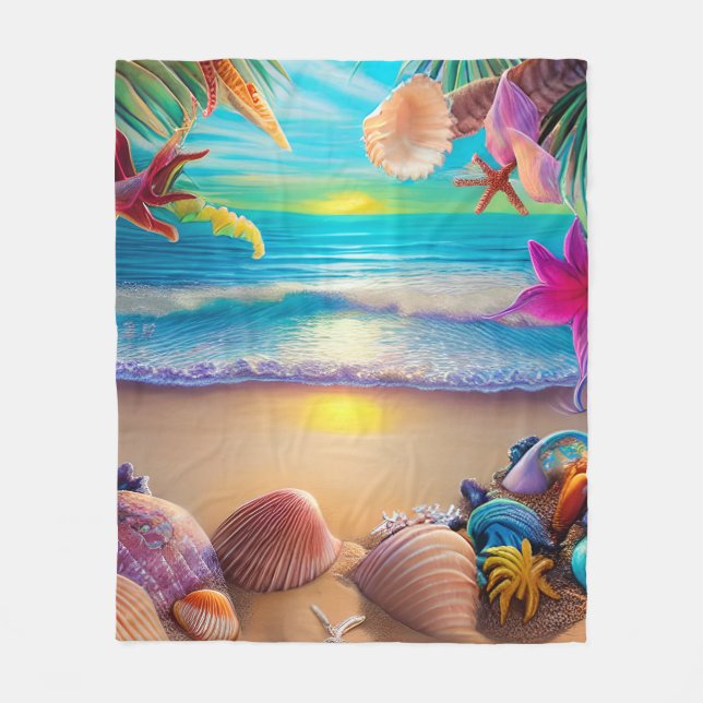 Mystical fantasy beach sunset with tropical flower fleece blanket (Front)