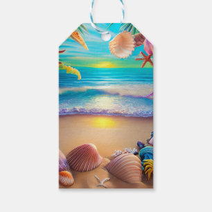 Mystical fantasy beach sunset with tropical flower gift tags