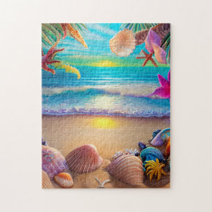 Mystical fantasy beach sunset with tropical flower jigsaw puzzle