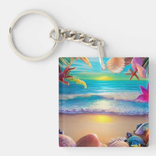 Mystical fantasy beach sunset with tropical flower keychain
