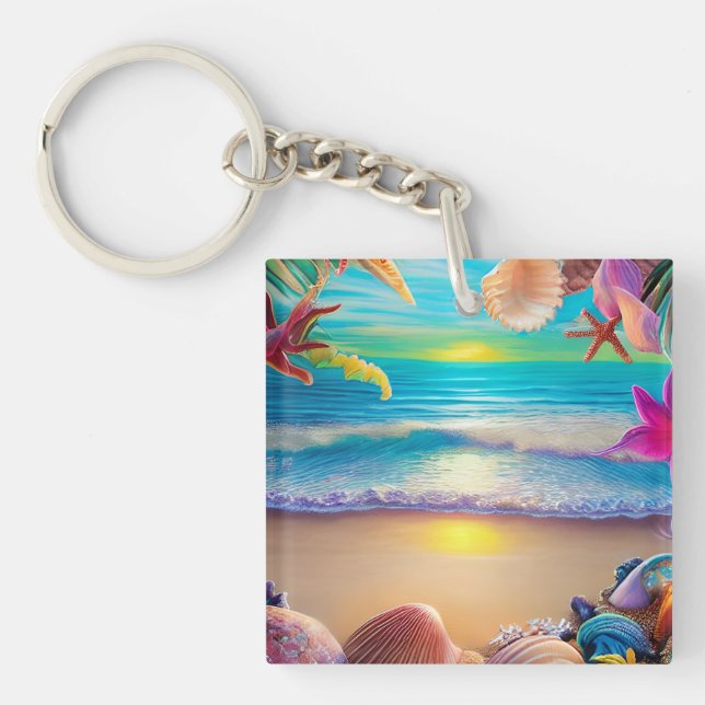 Mystical fantasy beach sunset with tropical flower keychain (Front)