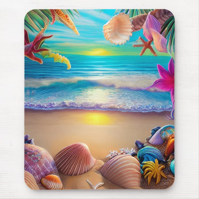 Mystical fantasy beach sunset with tropical flower mouse pad (Front)