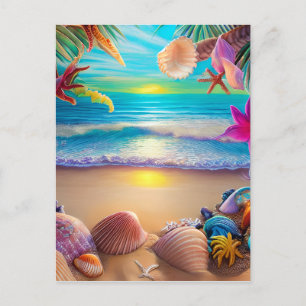 Mystical fantasy beach sunset with tropical flower postcard