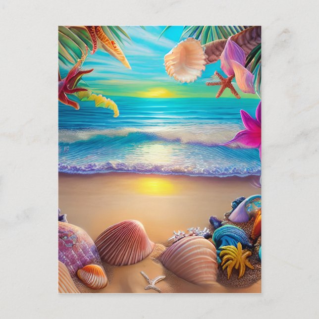 Mystical fantasy beach sunset with tropical flower postcard (Front)