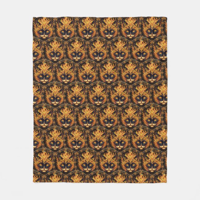 Mystical Fire Cat Mandala Design Fleece Blanket (Front)