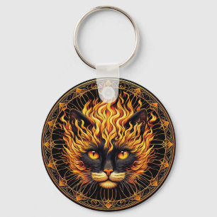 Mystical Fire Cat Mandala Design Keychain