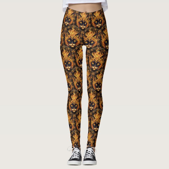 Mystical Fire Cat Mandala Design Leggings (Front)