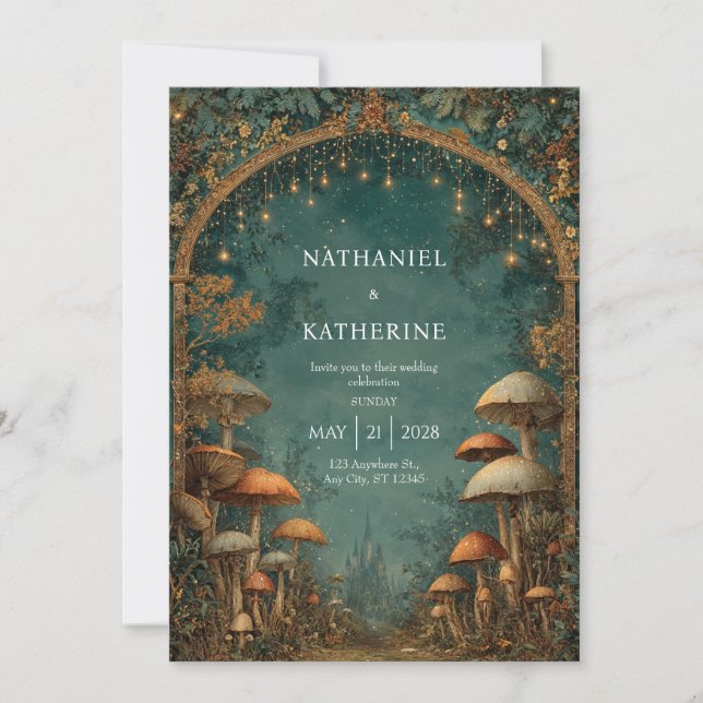Mystical Forest Arch with Castle View Wedding Invitation (Front)