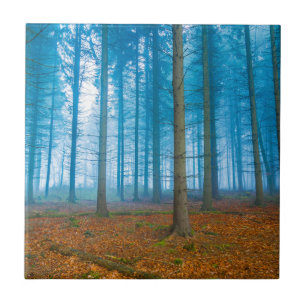 Mystical Forest at the fog in blue and orange Tile