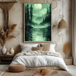 Mystical Forest Moon in Monochrome Green Poster