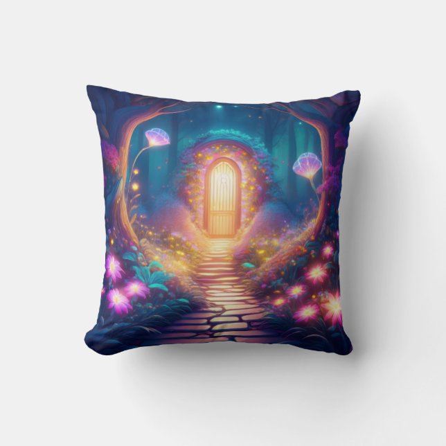 Mystical Forest Path – Glowing Doorway Fantasy Des Throw Pillow (Front)