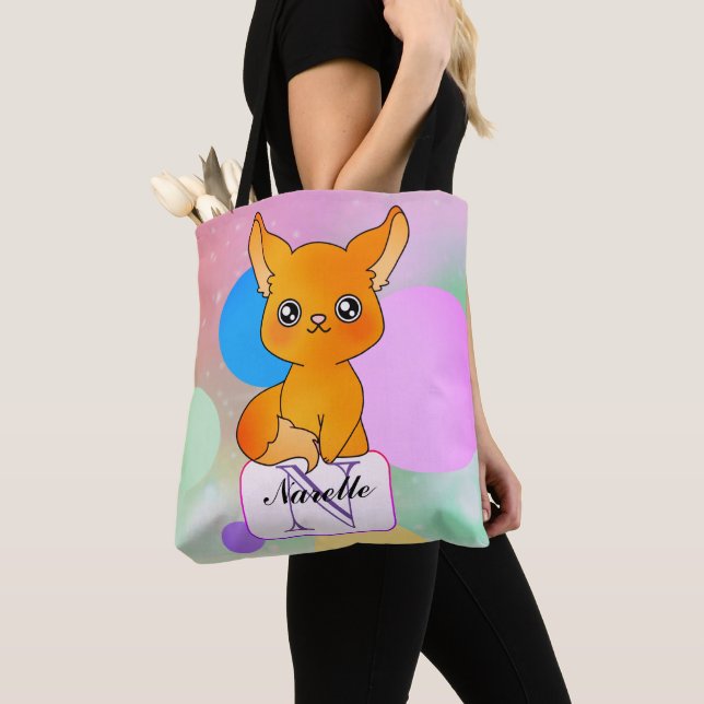 Mystical Fox with Dreamy Pastel Monogram Tote Bag (Close Up)
