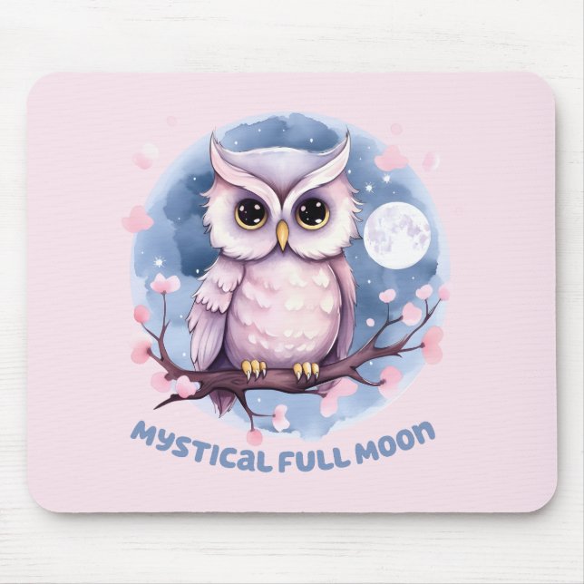 Mystical Full Moon – Pastel Purple Night Sky - Owl Mouse Pad (Front)