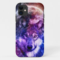Mystical Galaxy Wolf Face with Full Moon 