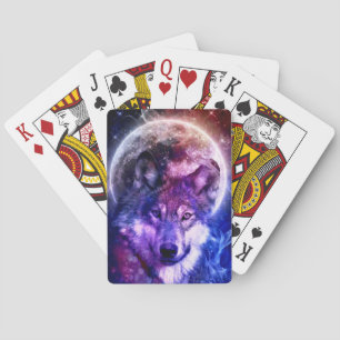 Mystical Galaxy Wolf Face with Full Moon  Playing Cards