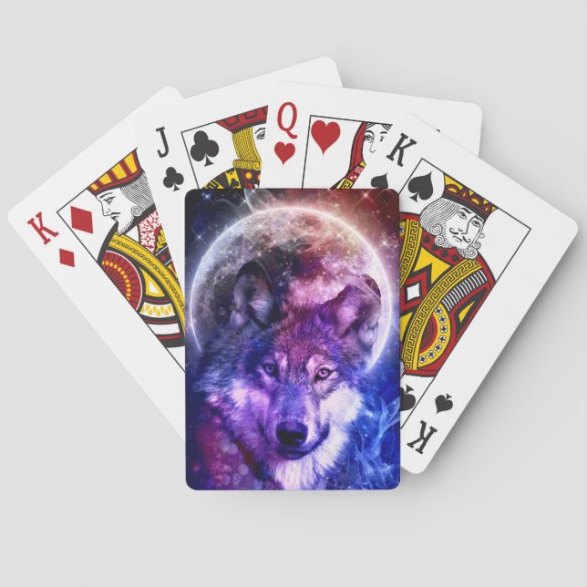 Mystical Galaxy Wolf Face with Full Moon  Playing Cards (Back)