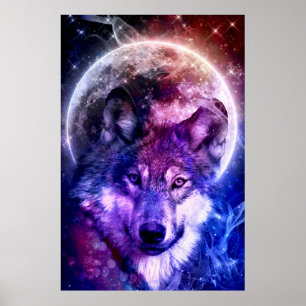 Mystical Galaxy Wolf Face with Full Moon Poster