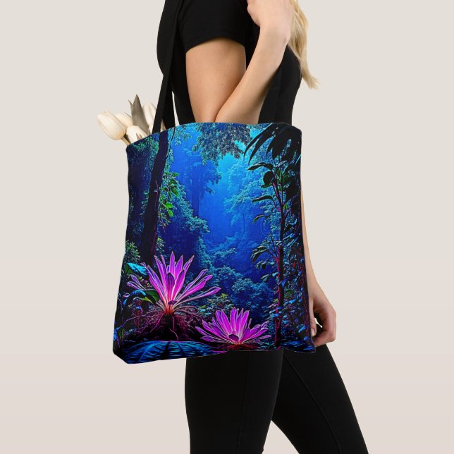 Mystical Glowing Jungle Bloom Design Tote Bag (Close Up)