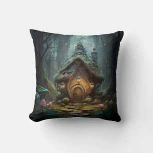 "Mystical Gnome Cottage: Whimsical Mushroom Haven Throw Pillow