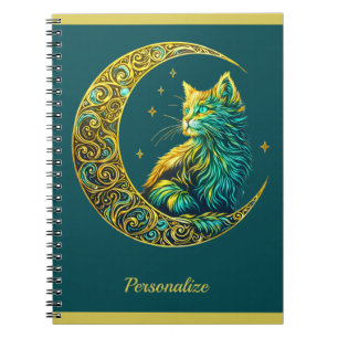 Mystical Gold Cat on Moon Celestial Green Notebook