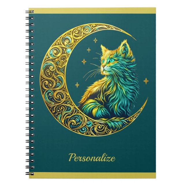 Mystical Gold Cat on Moon Celestial Green  Notebook (Front)