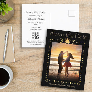 mystical gold script qr code photo save the date  announcement postcard
