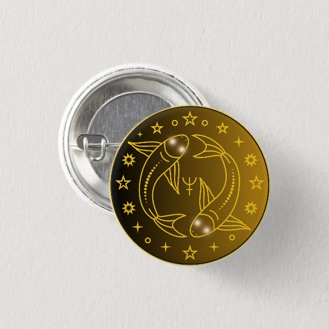 Mystical Golden Zodiac Pisces  1 Inch Round Button (Front & Back)