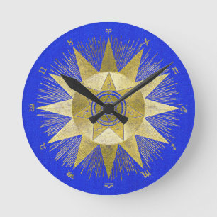 Mystical Golden Zodiac Sunburst Astrology Art Round Clock