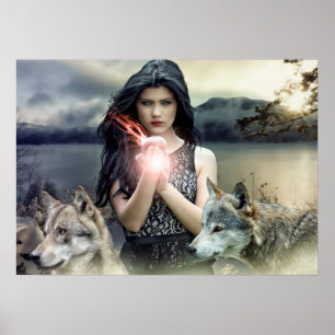 Mystical Gothic Girl with Wolves and Magical Light Poster