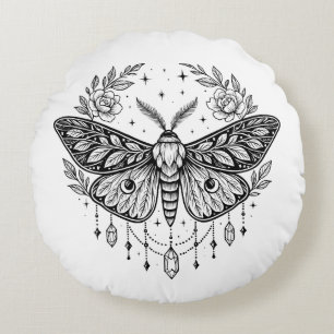 Mystical Gothic Moth Botanical Celestial Line Art  Round Pillow