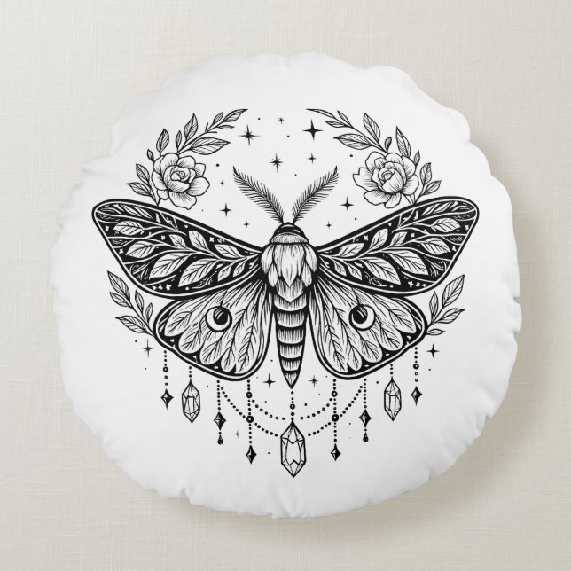 Mystical Gothic Moth Botanical Celestial Line Art  Round Pillow (Front)