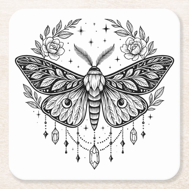 Mystical Gothic Moth Botanical Celestial Line Art  Square Paper Coaster (Front)