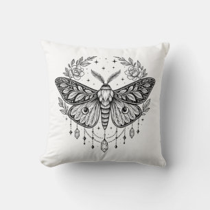 Mystical Gothic Moth Botanical Celestial Line Art  Throw Pillow