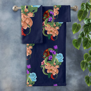 Mystical Green Chinese Dragon Floral Navy Blue Bath Towel Set