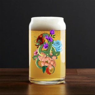 Mystical Green Chinese Dragon Floral Navy Blue Can Glass