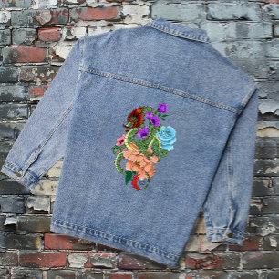 Mystical Green Chinese Dragon Floral Navy Blue Denim Jacket