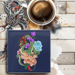 Mystical Green Chinese Dragon Floral Navy Blue Glass Coaster