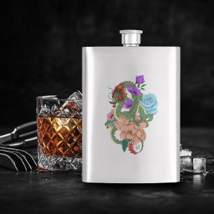 Mystical Green Chinese Dragon Floral Navy Blue Hip Flask