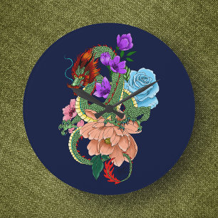 Mystical Green Chinese Dragon Floral Navy Blue Large Clock