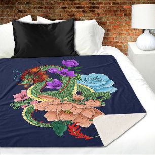 Mystical Green Chinese Dragon Floral Navy Blue Sherpa Blanket