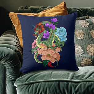 Mystical Green Chinese Dragon Floral Navy Blue Throw Pillow