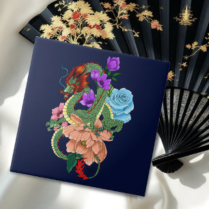 Mystical Green Chinese Dragon Floral Navy Blue Tile