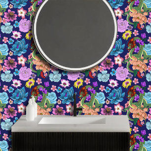 Mystical Green Chinese Dragon Floral Navy Blue Wallpaper