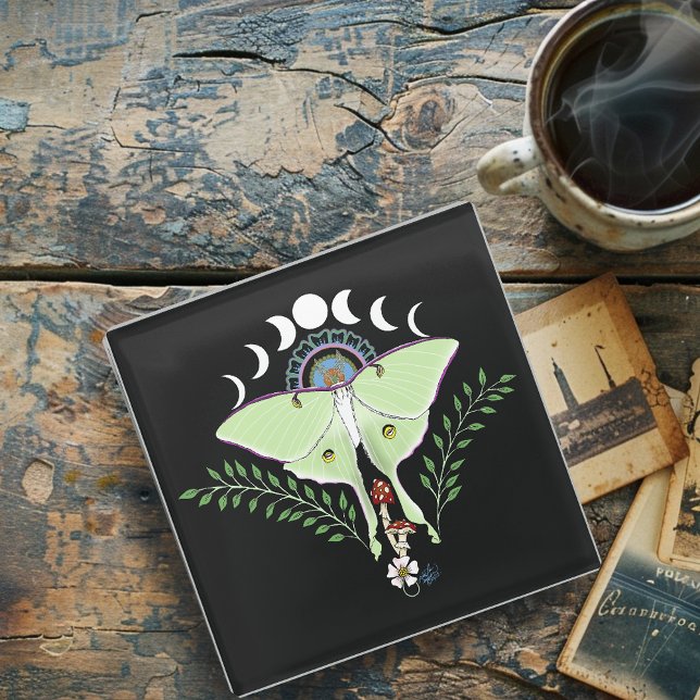 Mystical Green Ethereal Luna Moth Celestial Glass Coaster (Creator Uploaded)